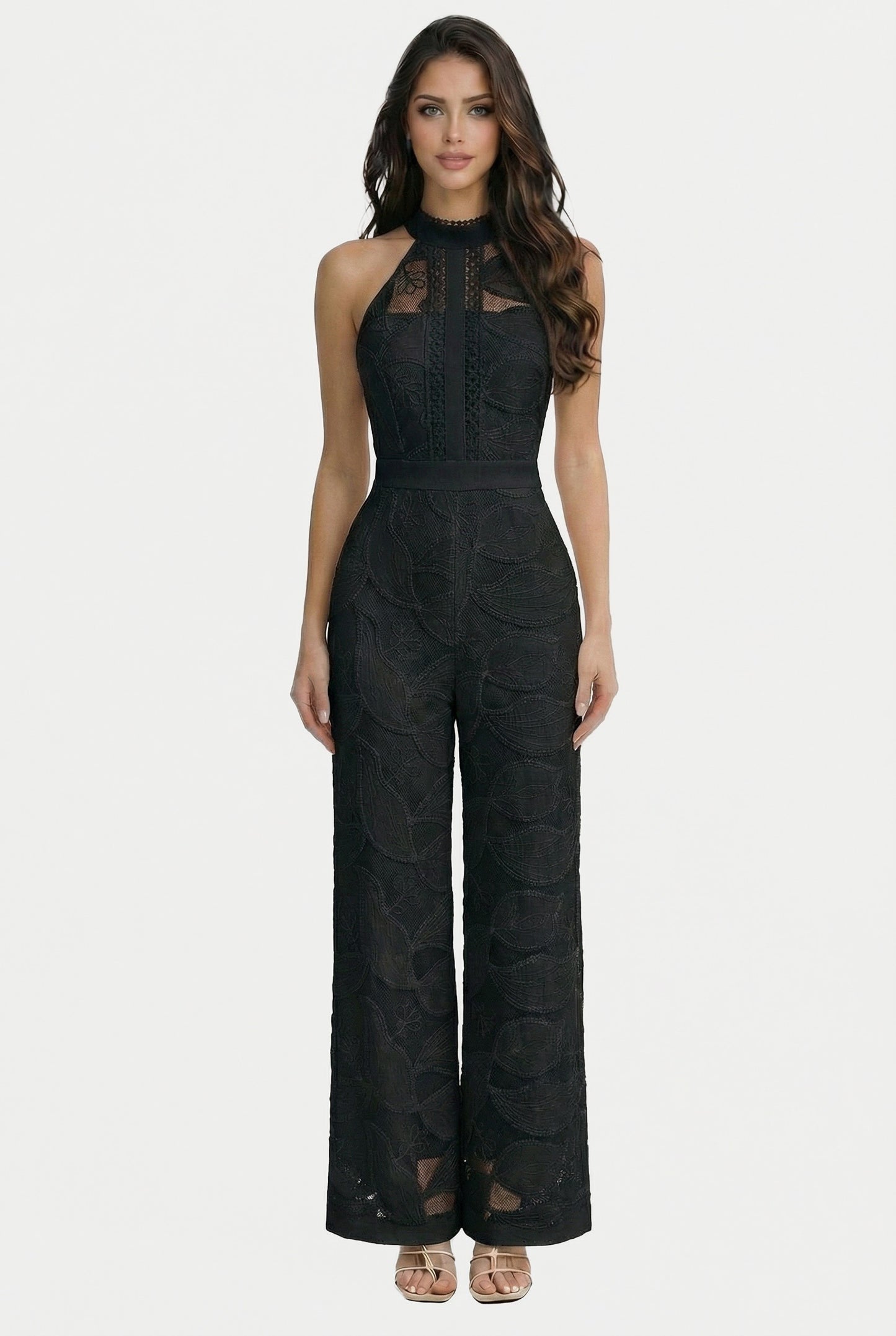 BLACK Elegant Lace Halter-neck Jumpsuit
