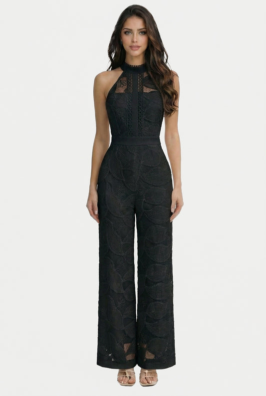 BLACK Elegant Lace Halter-neck Jumpsuit