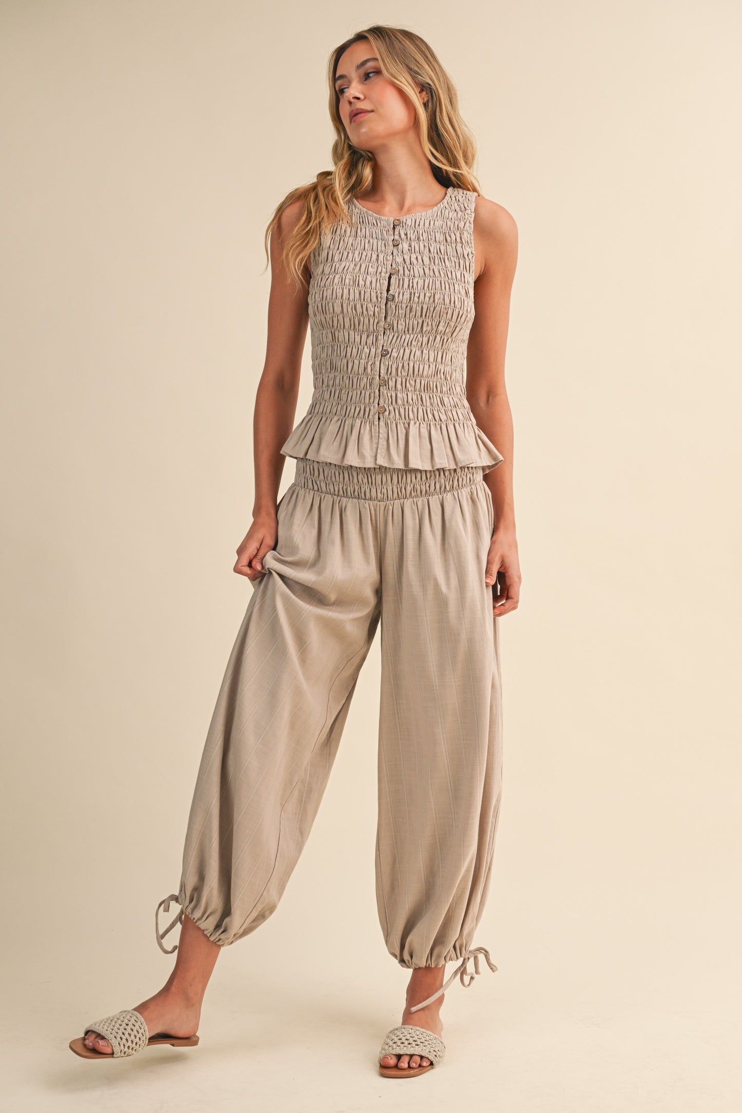 Button-front Smocked Top And Pants With Tie Hem Set