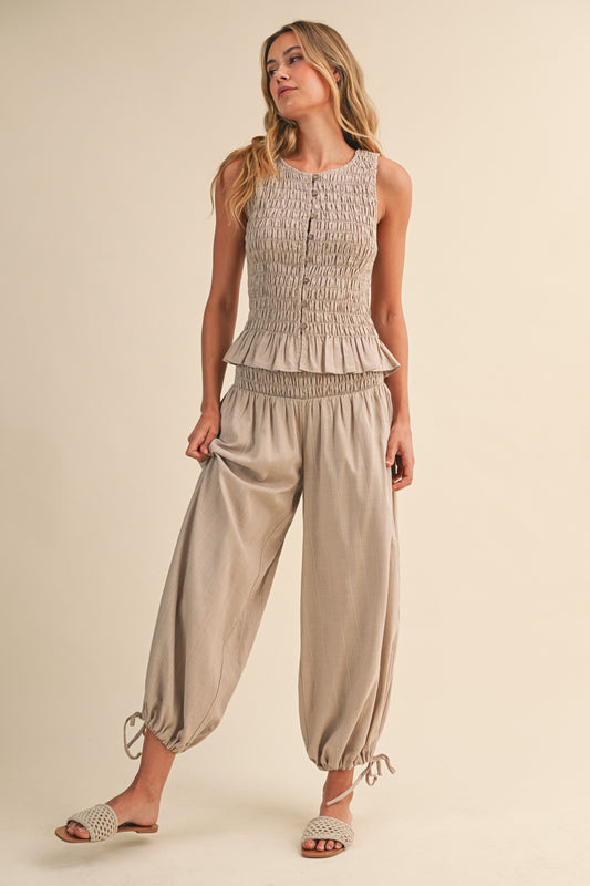 Button-front Smocked Top And Pants With Tie Hem Set
