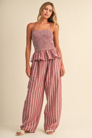 Striped Smocked Peplum Cami Top And Barrel Pants Set