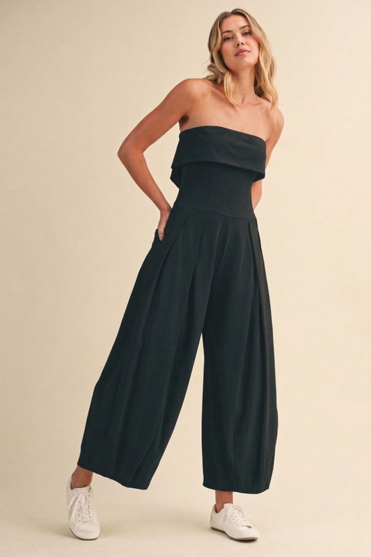 Foldover Strapless Smocked Back Pleated Barrel Jumsuit