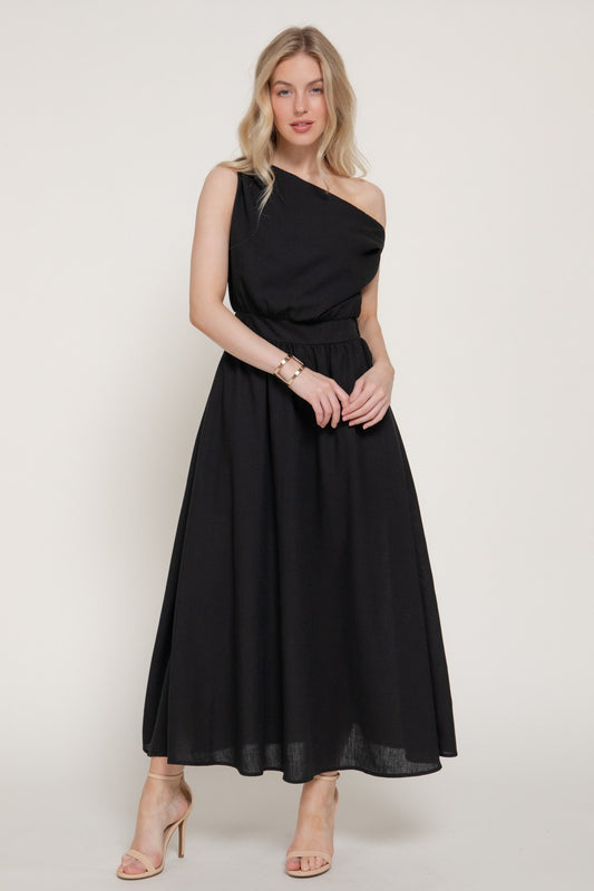 BLACK ASYMETRTICAL NECK LINE DRESS