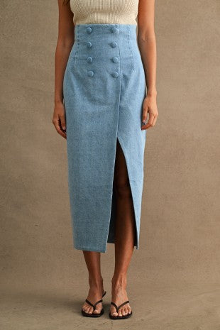 High Waisted Double-breasted Button Front Slit Denim Skirt