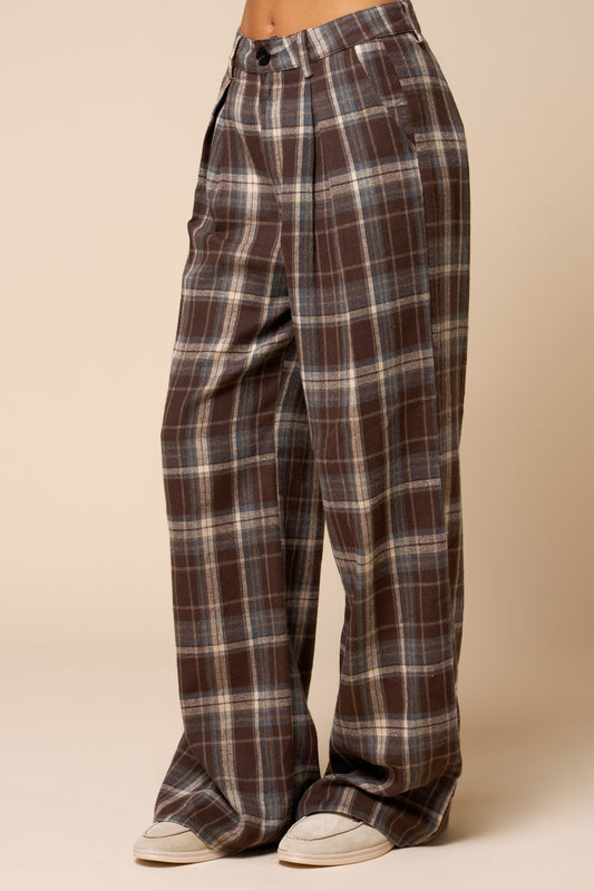 Gathered Wide-leg Plaid Pants
