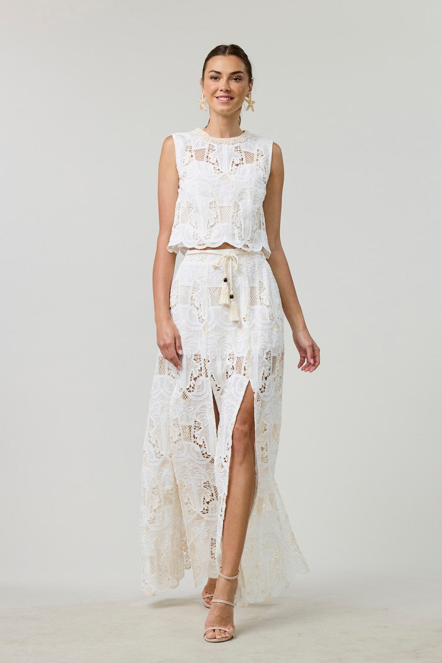 Ivory Lace Split Maxi Skirt SET