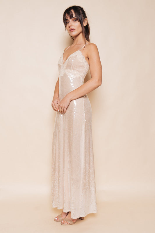 Lace Trim Sequins Strap Maxi Dress