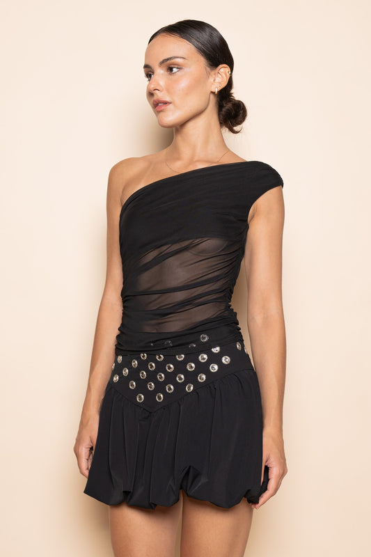 Black One Shoulder Mesh Tank Top