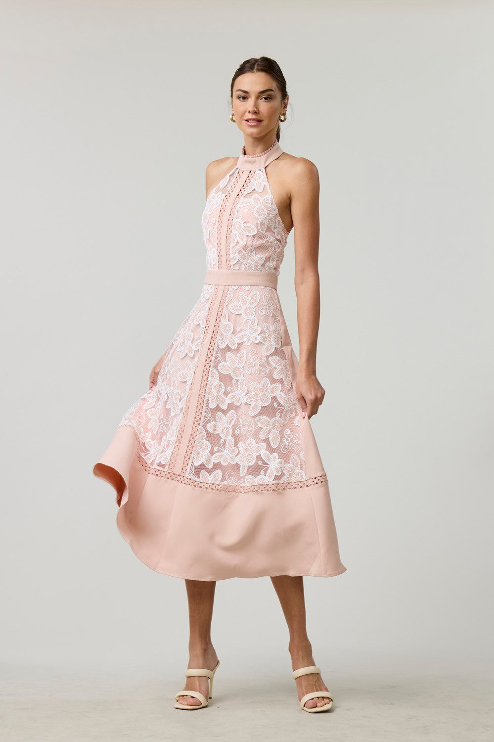 Blush Floral Embroidered Halter Midi Dress