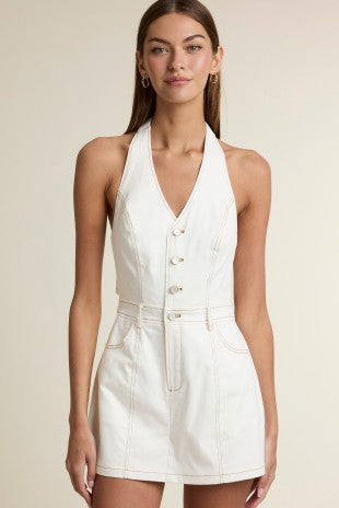 Solid Halter Neckline Deep V Neckline Open Back Romper