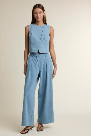 Denim Sleeveless Asymmetrical Overlay Top And Pants Set