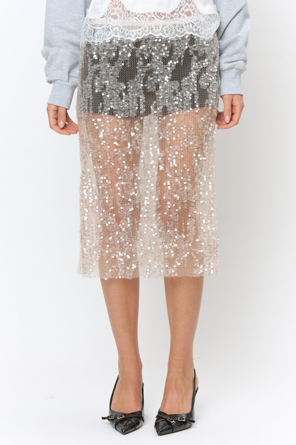 Sequin H Line Sheer Midi Skirt