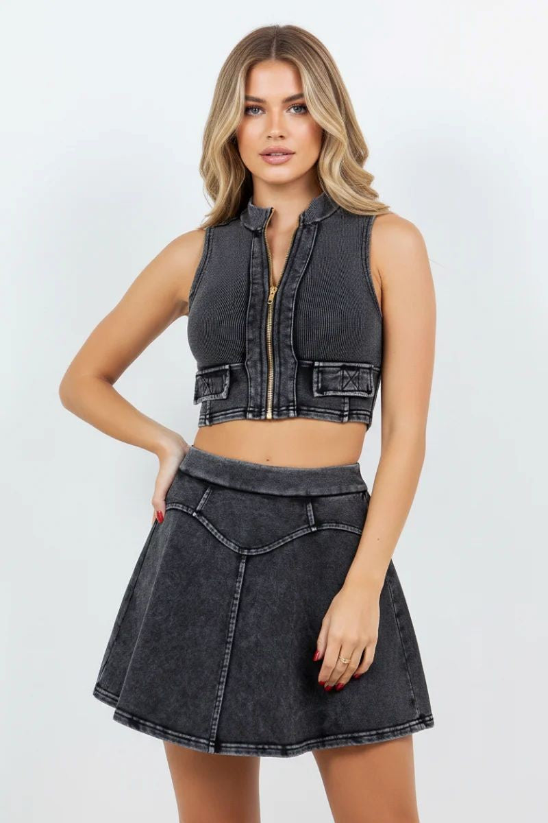 Mineral Wash Crop Top & Mini Skirt Set