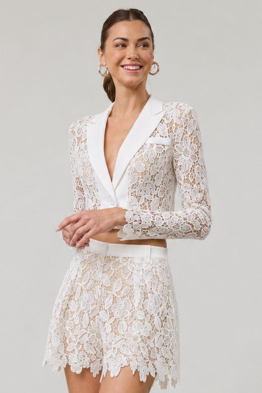 Ivory Lace Cropped Blazer & Shorts Co-ord Set