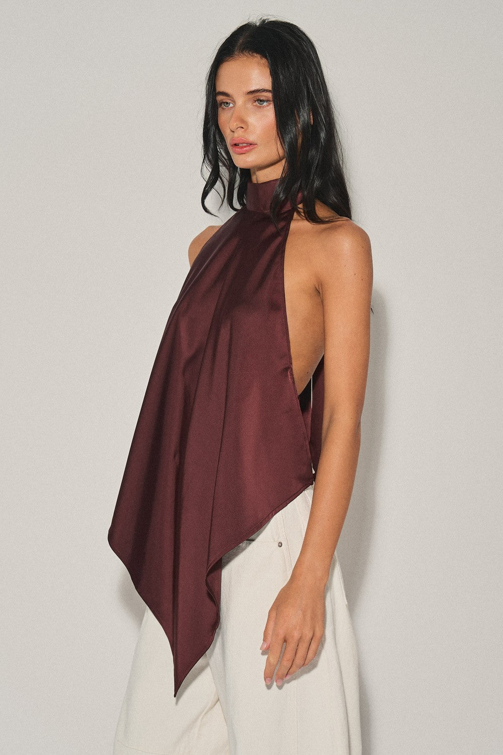 WINE Ladies Woven Satin Halter Neck Asymmetrical Sl Top