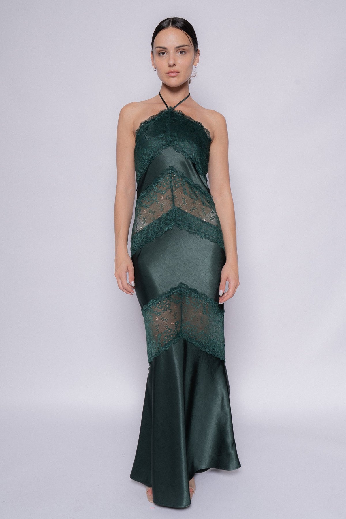 Forest Green Halter Lace Panel Maxi Dress