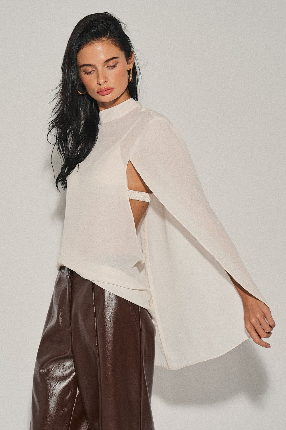 WHITE Ladies Woven High-neck Cape Style Top