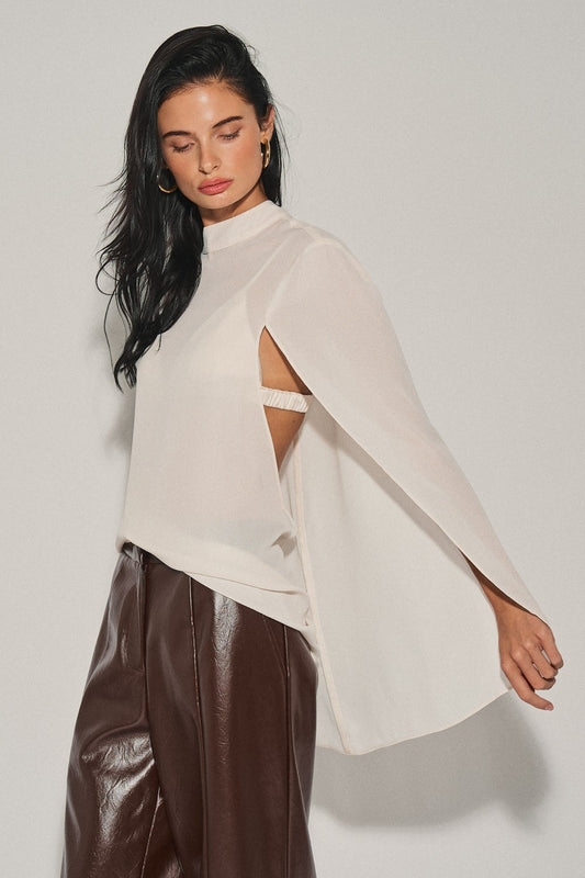 WHITE Ladies Woven High-neck Cape Style Top