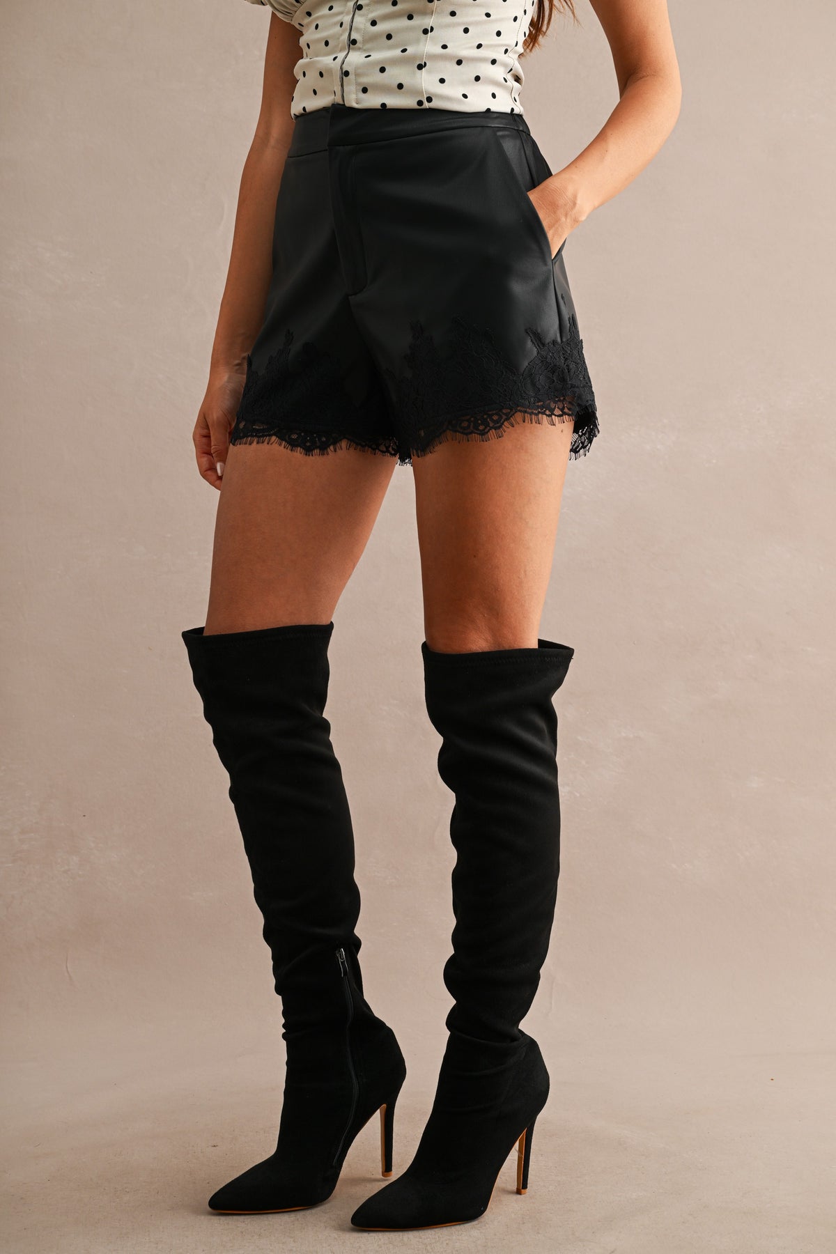 BLACK High-waisted Faux Leather Lace Trim Hem Shorts