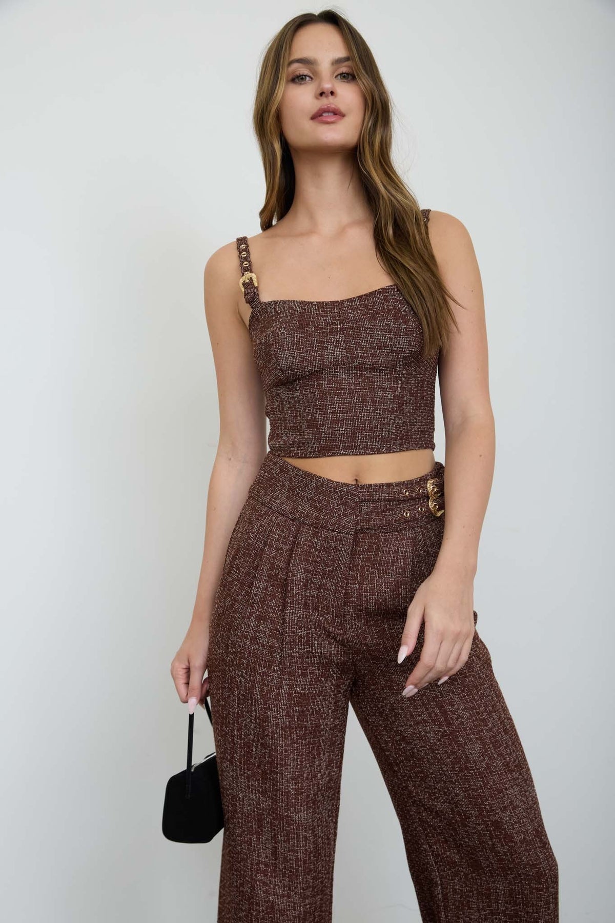 Tweed Adjustable Buckle Strap Cropped SET