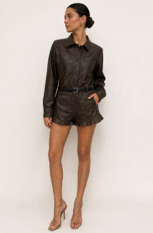 Brown Shirt Romper With Belt