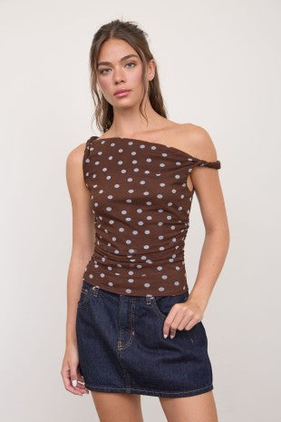 BROWN Polka Dot Asymmetrical Twist Detail Mesh Knit Top