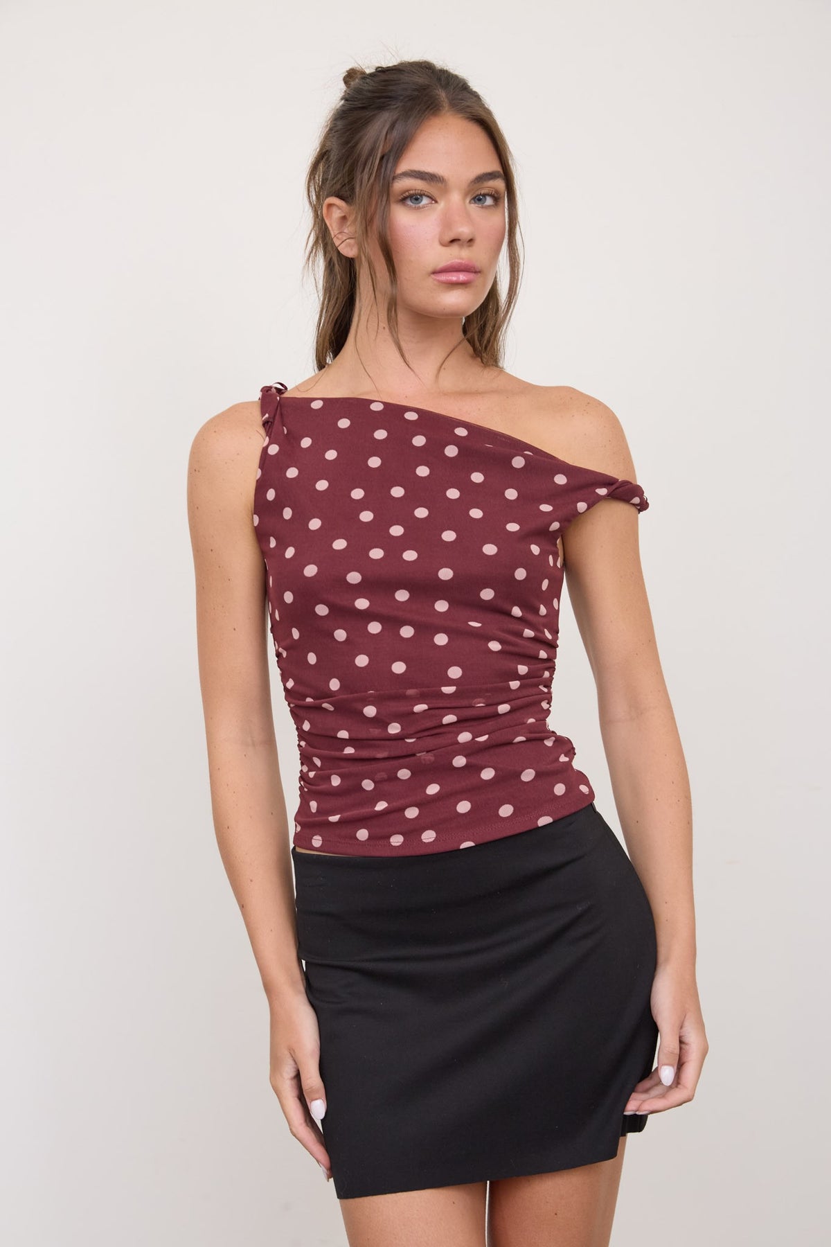 BURGUNDY Polka Dot Asymmetrical Twist Detail Mesh Knit Top