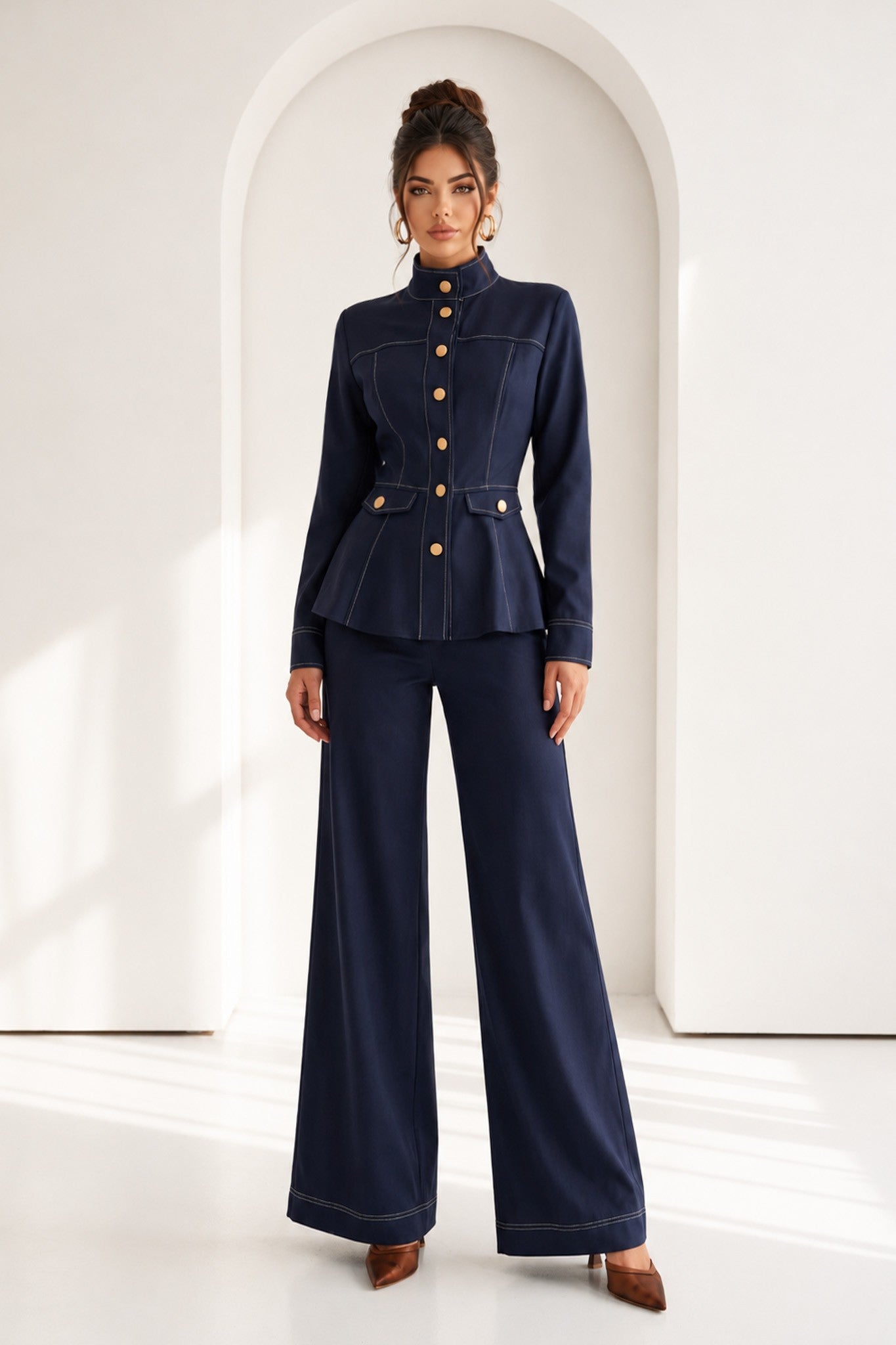 Button Down Jacket Paired With Wide Leg Pants