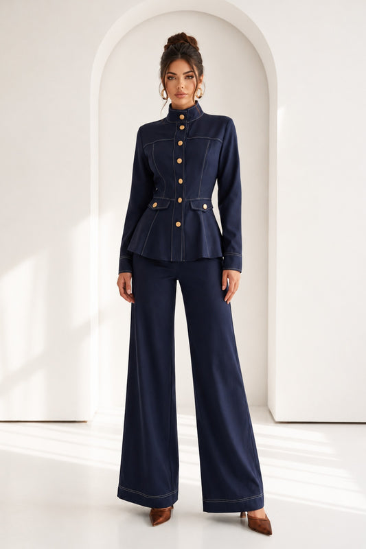 Button Down Jacket Paired With Wide Leg Pants