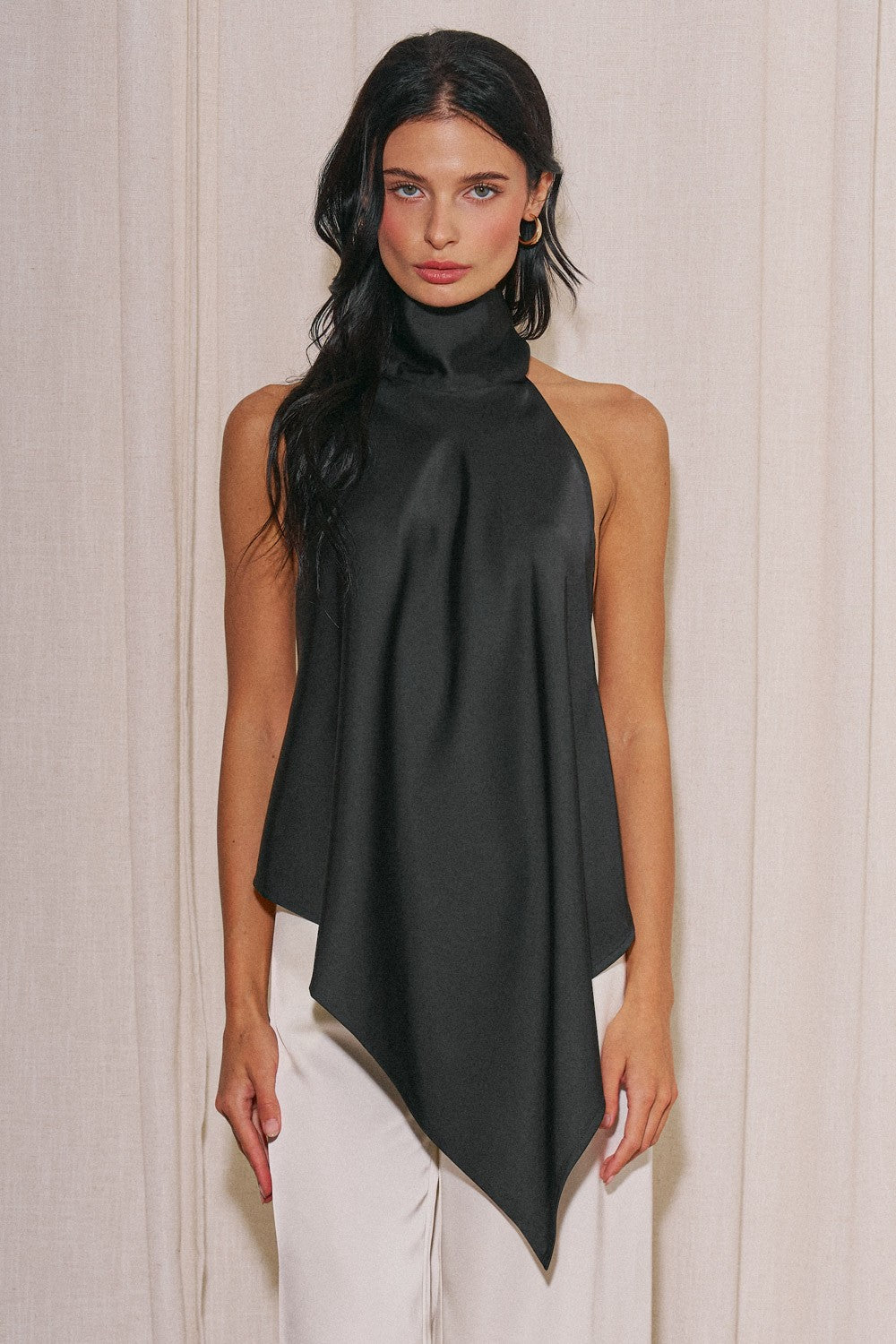 BLACK Ladies Woven Satin Halter Neck Asymmetrical Sl Top