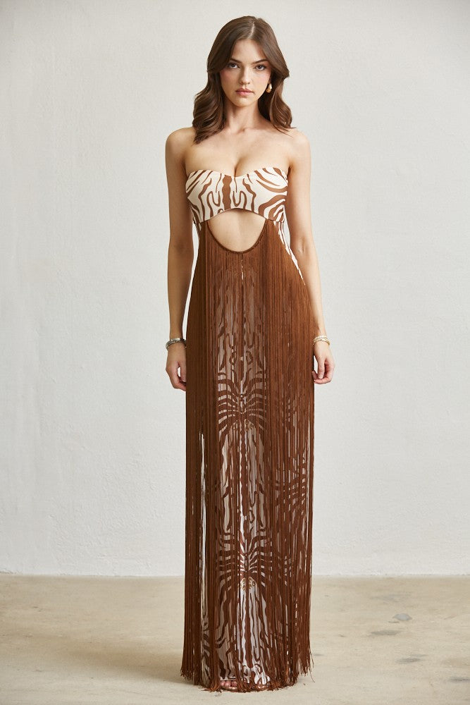 Zebra Print Strapless Cutout Fringe Maxi Dress