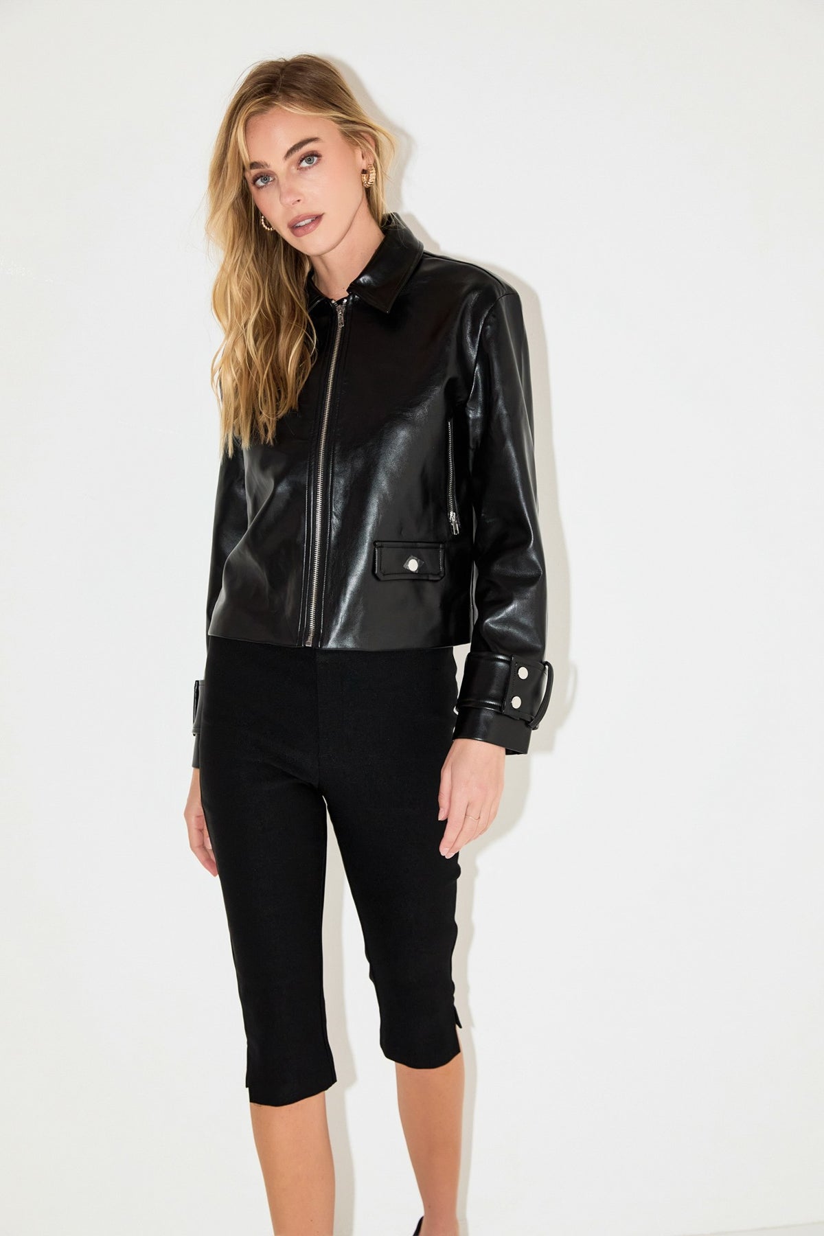 Zip Up Cropped Faux Leather Jacket