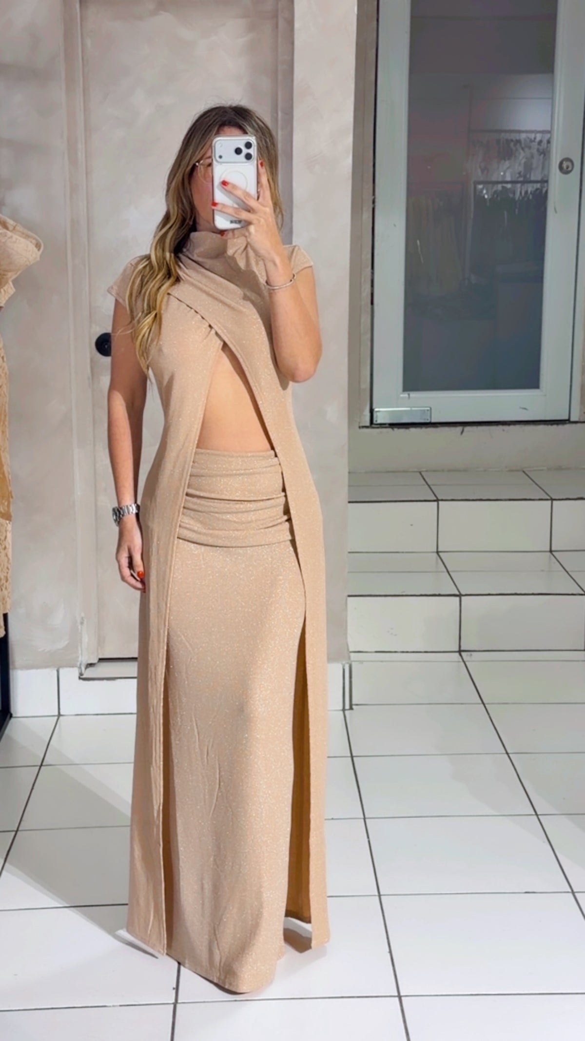 Metallic Crossover Ruched Maxi 2pc Skirt Set