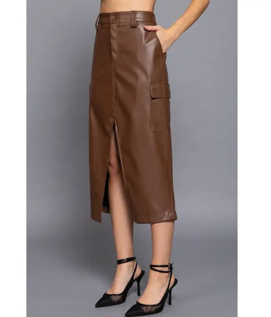 Warm Brown Leather midi Skirt