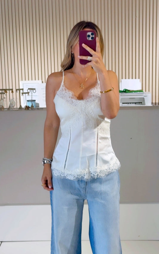 Satin Adjustable Spaghetti Strap Lace Trim Cami Top