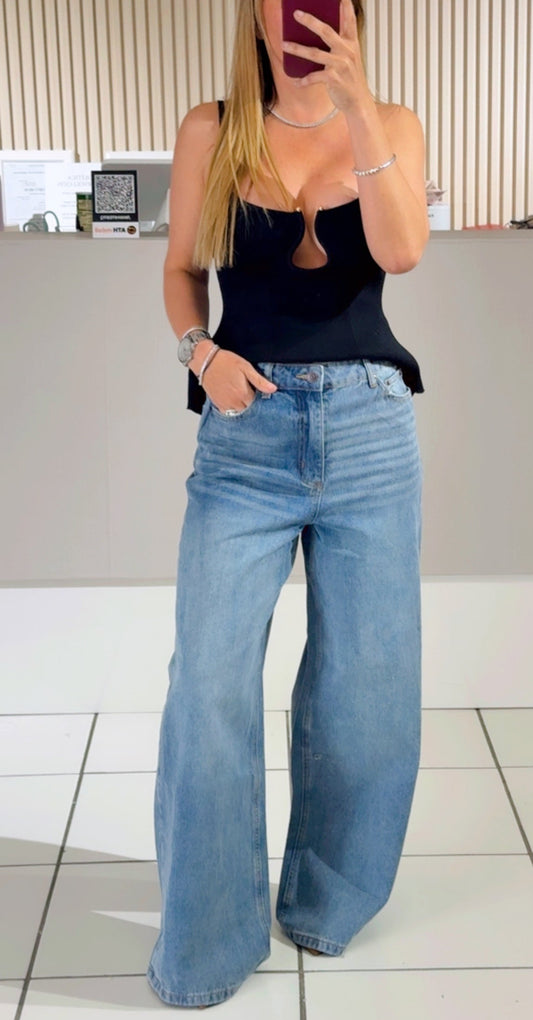 Washed Wide Leg Denim Jeans