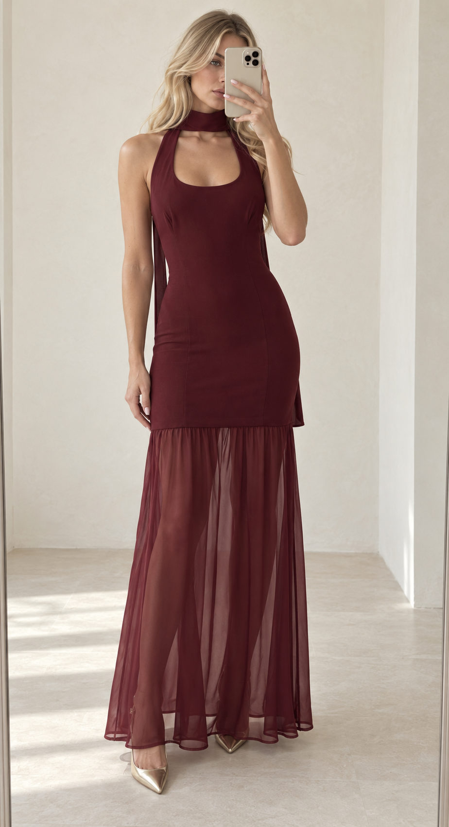 WINE MESH MAXI DRESS