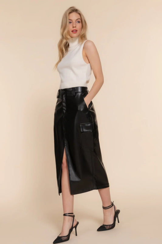 Black Leather midi Skirt