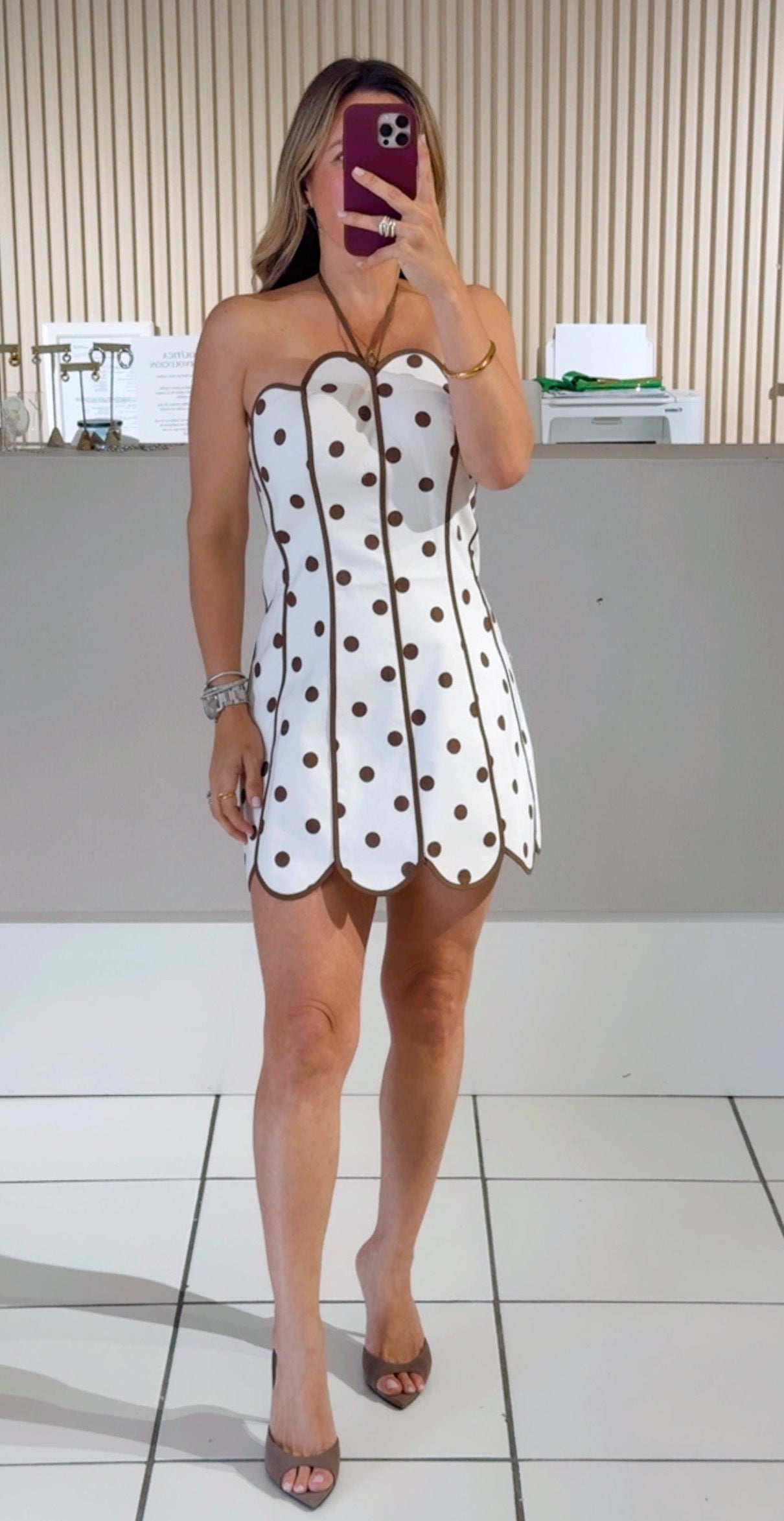 CHOCO Strapless Polka Dot Halter Neck Back Tie Scalloped Mini Dres