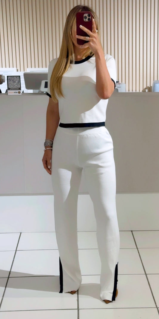 WHITE Knit Short Sleeve Crop Top & Slit Pants