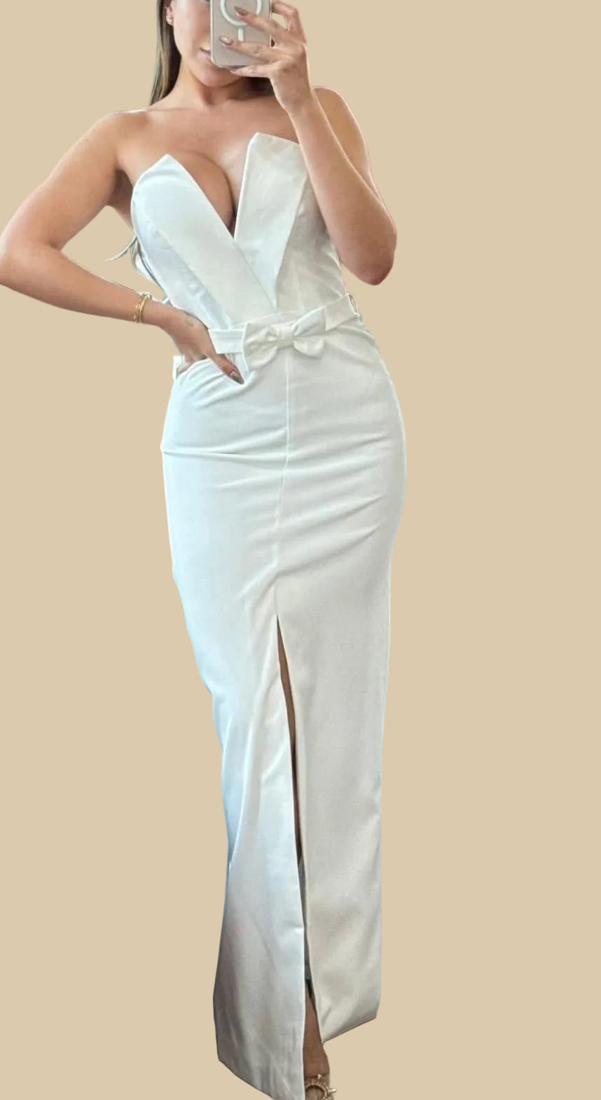 White Plunge-Neck Formal Dress