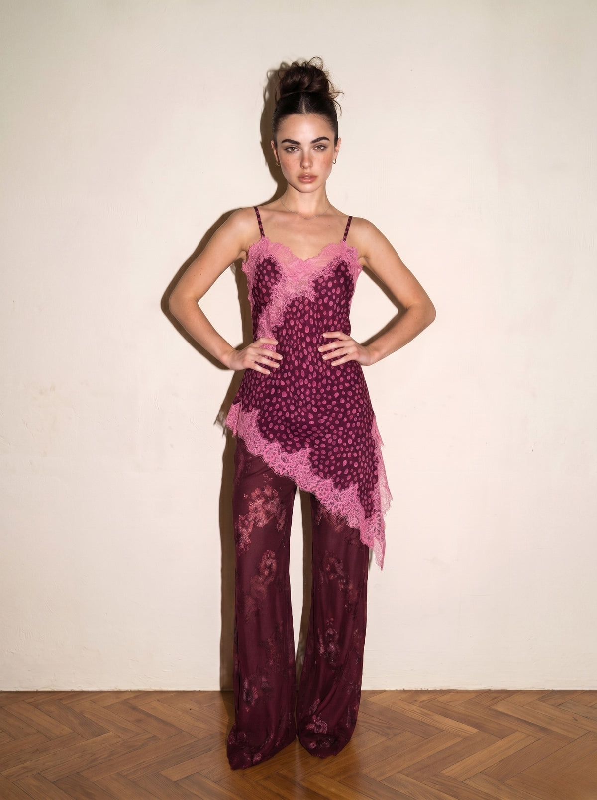 Chiffon Print Lace Camisole Top And Lace Set