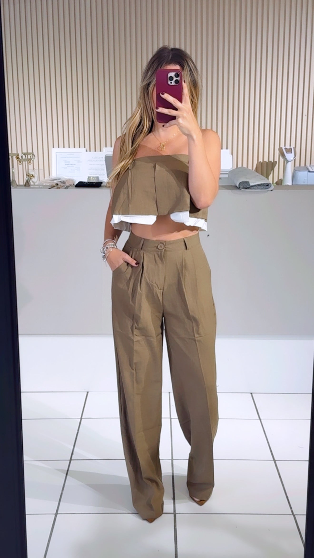Ruffle Crop Top And Wide Leg Trousers Set