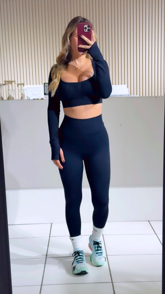 BLACK 2pc Cropped Long Sleeve Top And Yoga Legging Set
