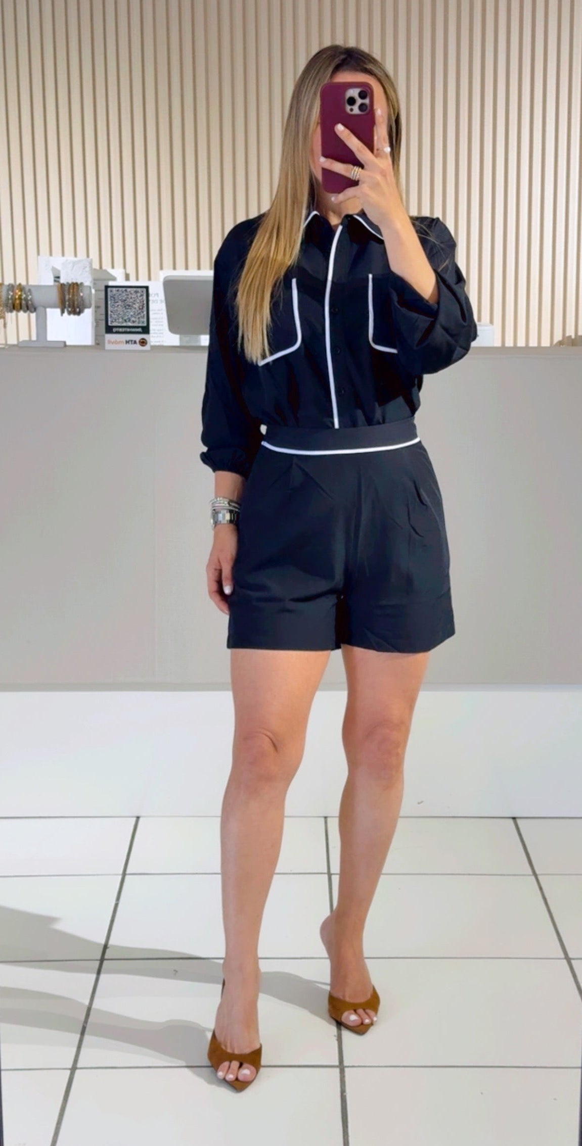 BLACK Woven Shirt And Short Set With Contrast