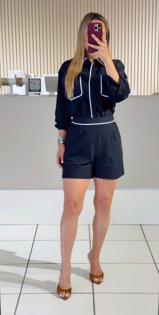 BLACK Woven Shirt And Short Set With Contrast