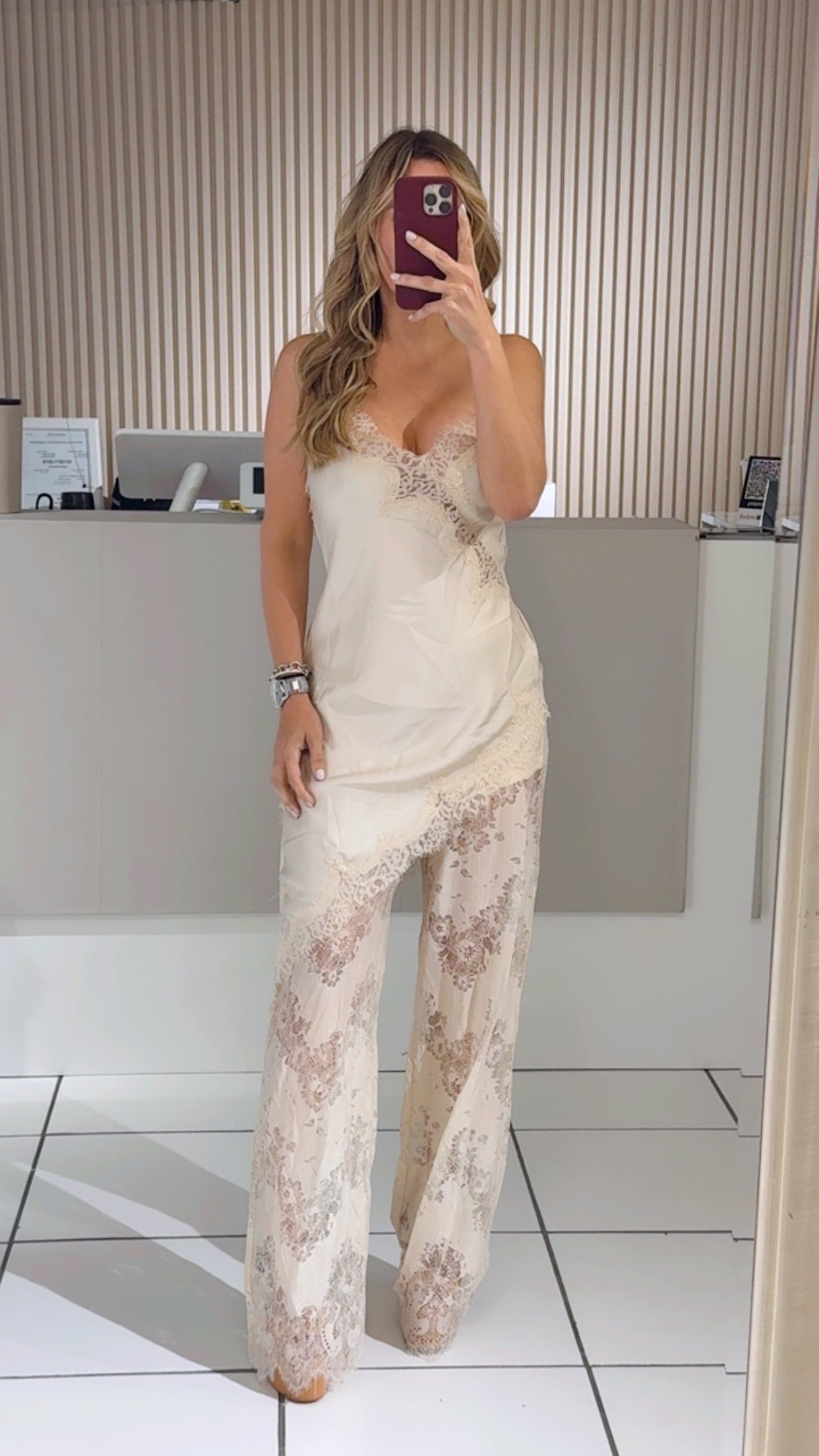 Beige Satin Camisole with Sheer Lace Pants