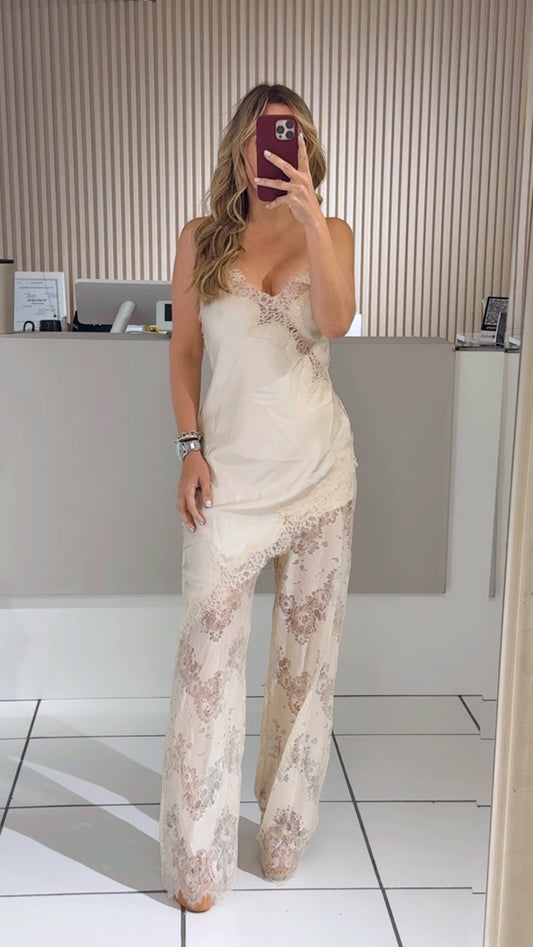 Beige Satin Camisole with Sheer Lace Pants