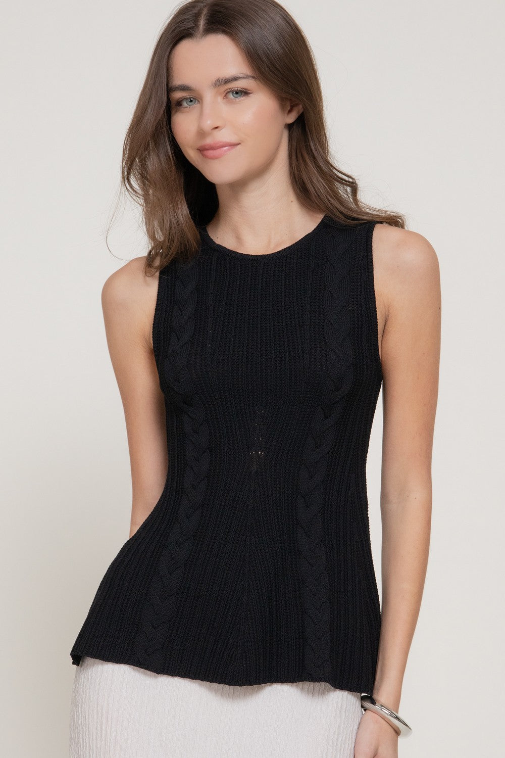 BLACK Sleeveless Cable Knit Peplum Top