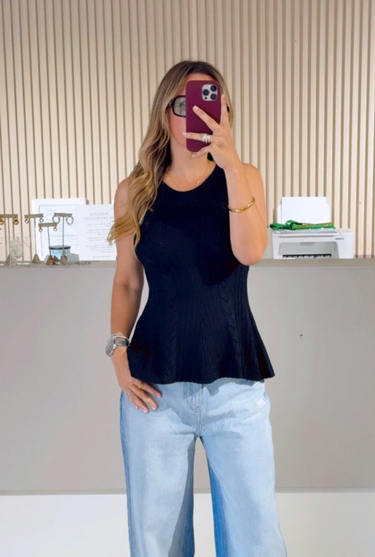 BLACK Sleeveless Cable Knit Peplum Top